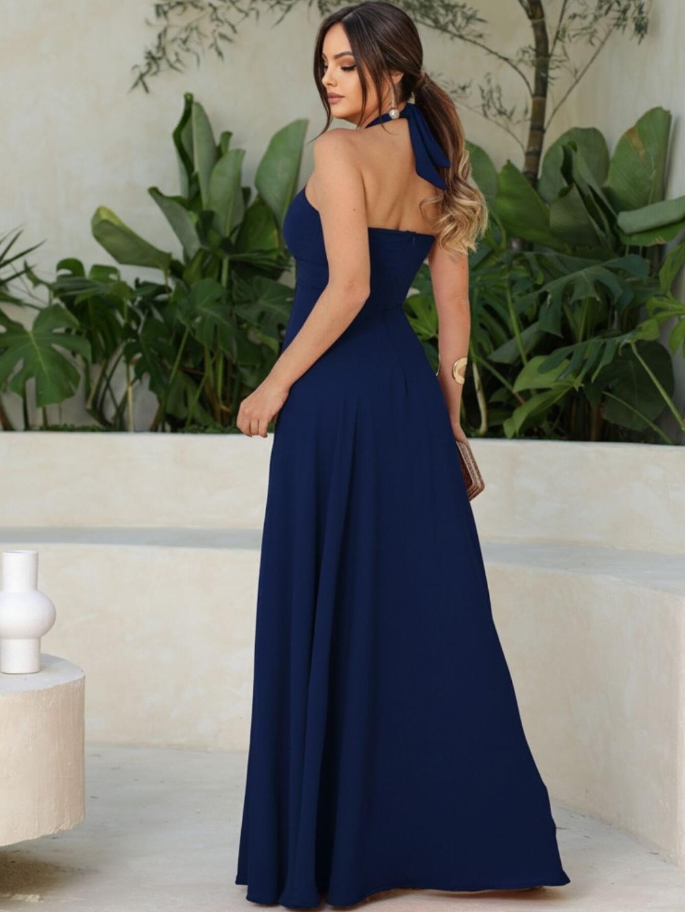 Vestido Longo Alças Cruzadas Azul Marinho Isabella NM Nana Marie