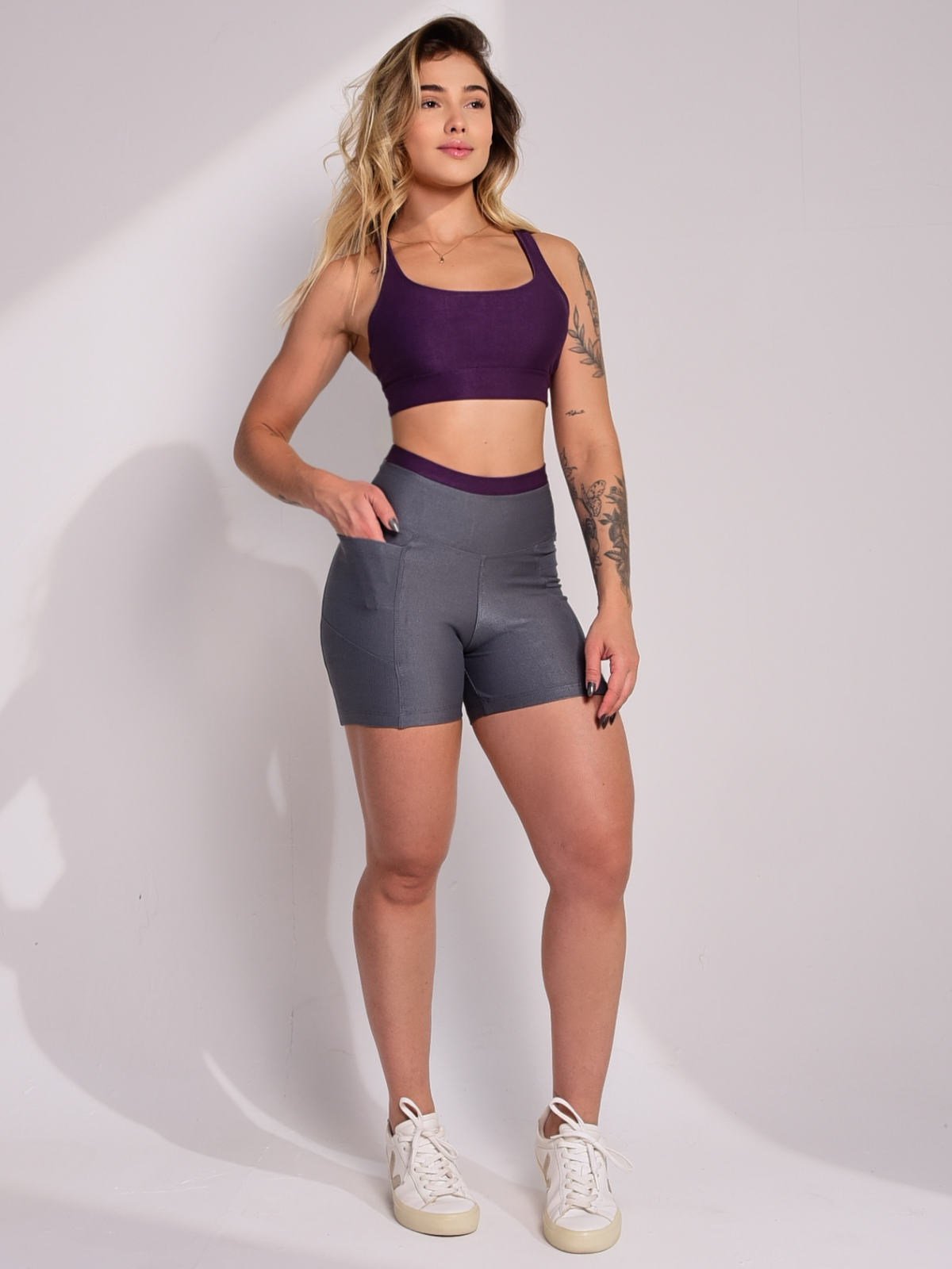 Conjunto Short Glow DUO Soft Cinza com Roxo Uva