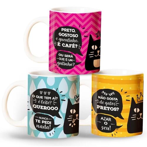 Conjunto com 3 Canecas Gatinho Preto