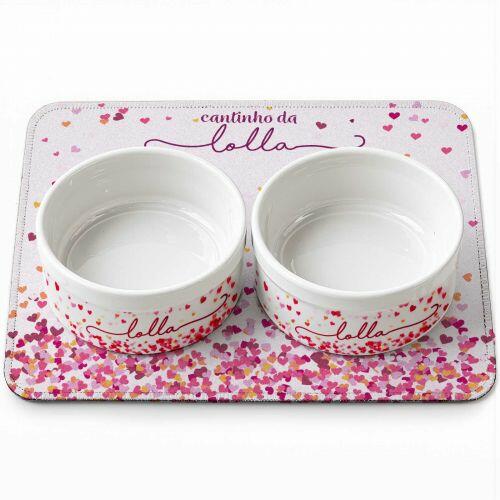 Tapete Duplo Antiderrapante Personalizado para Comedouro e Bebedouro - Cora��es Azuis ou Rosas