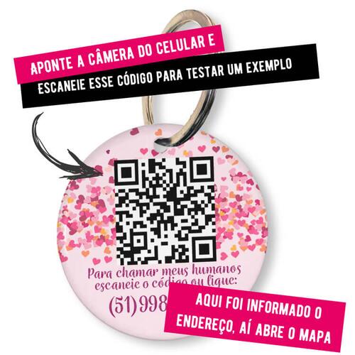 Placa de Identifica��o Personalizada com Telefone e QR Code - Cora��es Rosas