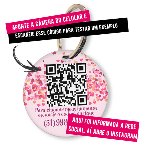 Placa de Identifica��o Personalizada com Telefone e QR Code - Cora��es Rosas