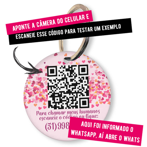 Placa de Identifica��o Personalizada com Telefone e QR Code - Cora��es Rosas