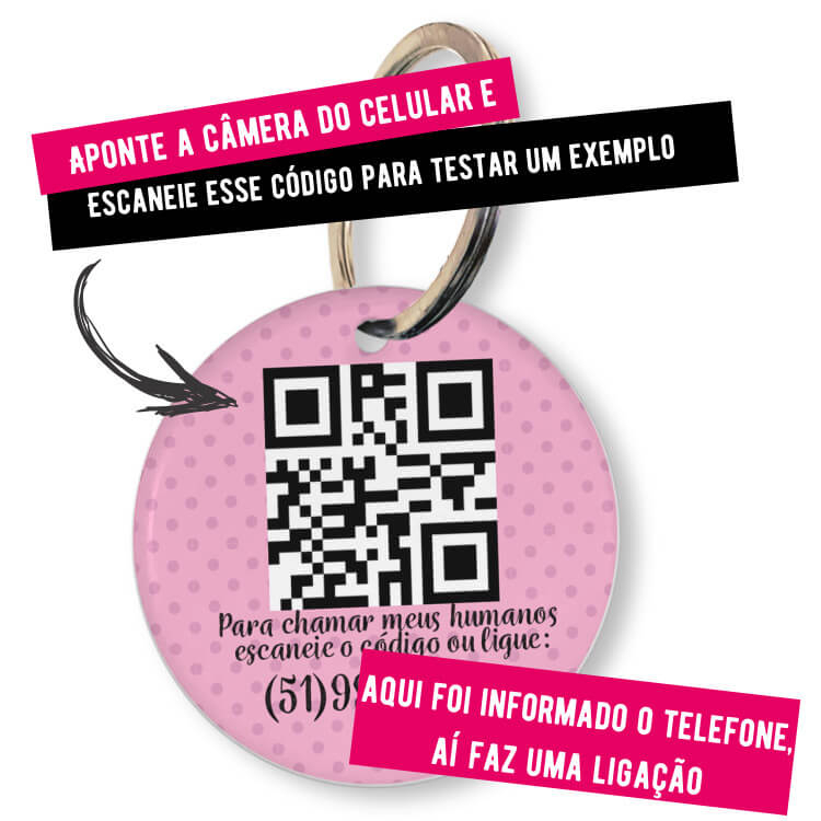 Placa de Identificação Personalizada com Telefone e QR Code - Rosa