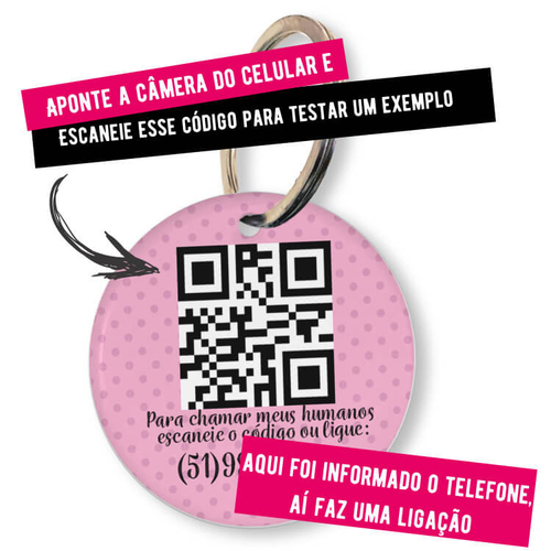 Placa de Identificação Personalizada com Telefone e QR Code - Rosa