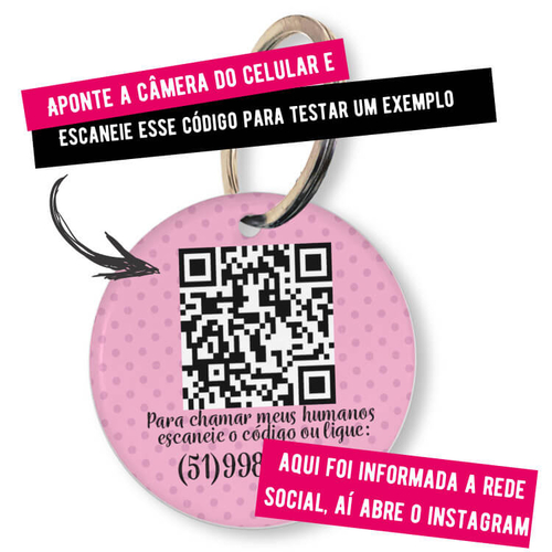 Placa de Identificação Personalizada com Telefone e QR Code - Rosa