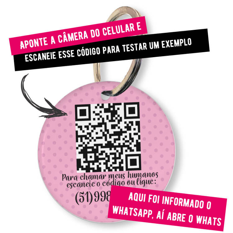 Placa de Identificação Personalizada com Telefone e QR Code - Rosa