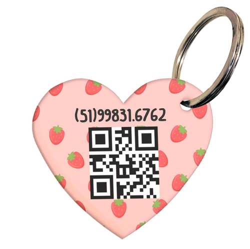 Placa de Identifica��o com Telefone e QR Code - Formato Cora��o - Morangos