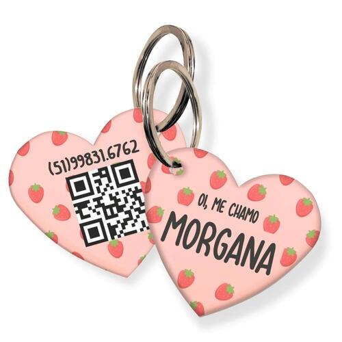Placa de Identifica��o com Telefone e QR Code - Formato Cora��o - Morangos