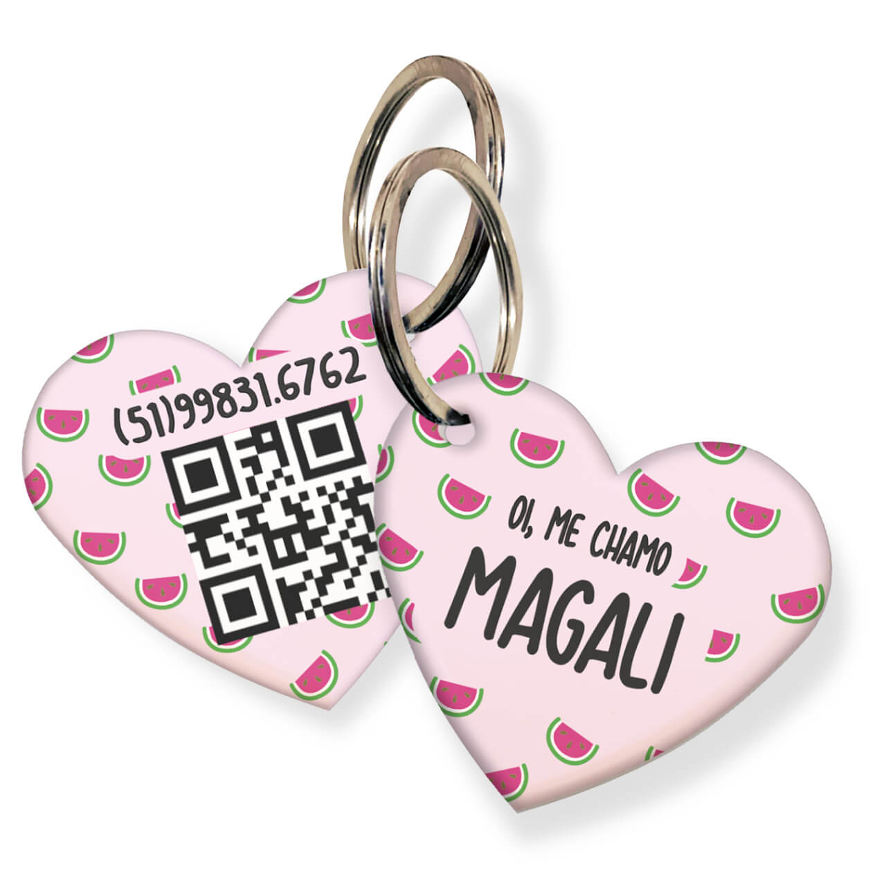 Placa de Identificação com Telefone e QR Code - Formato Coração - Melancias