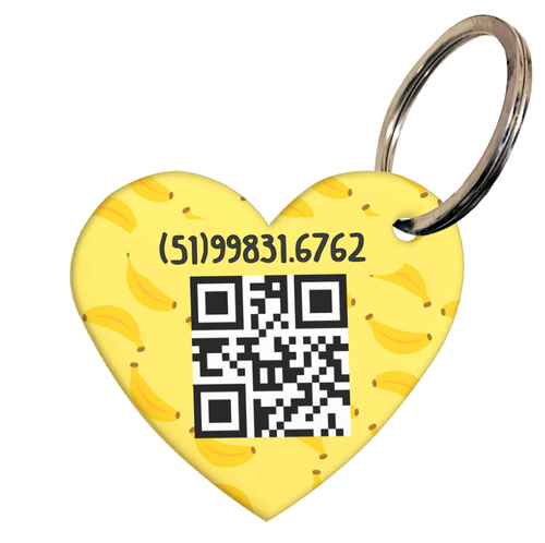 Placa de Identificação com Telefone e QR Code - Formato Coração - Bananas