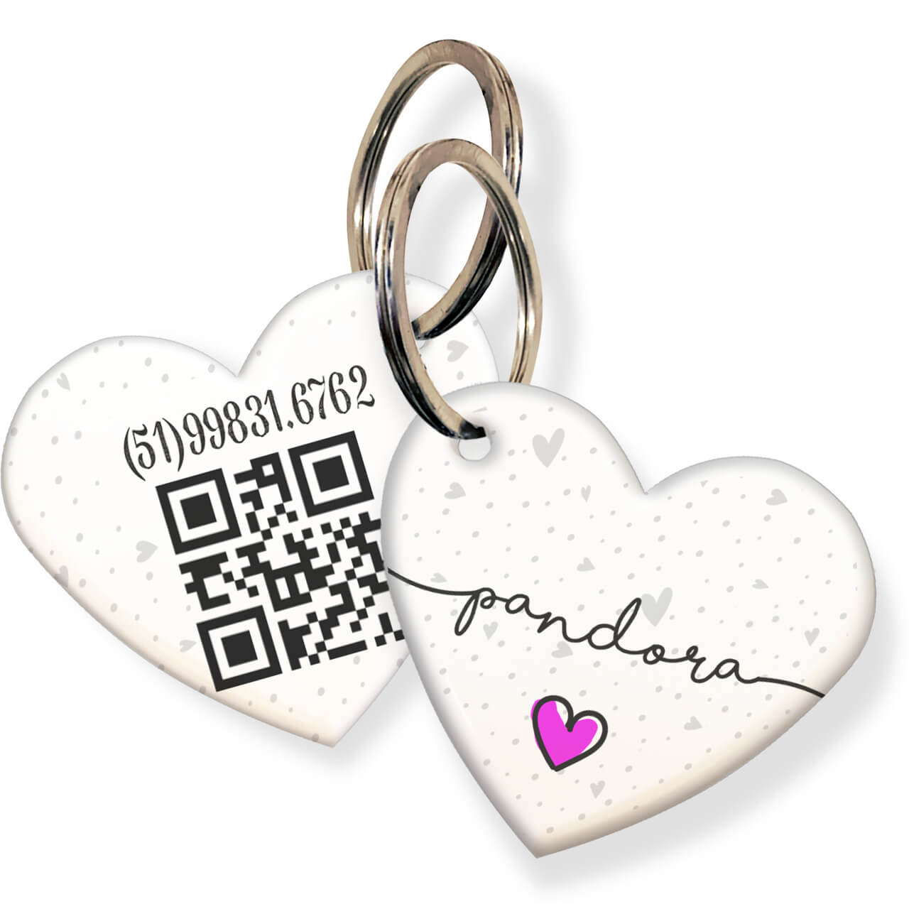 Placa de Identificação com Telefone e QR Code - Formato Coração - Coleção Patinha