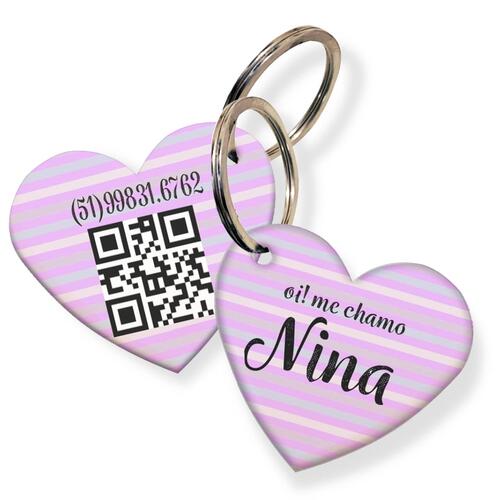 Placa de Identifica��o com Telefone e QR Code - Formato Cora��o - Listras Lil�s