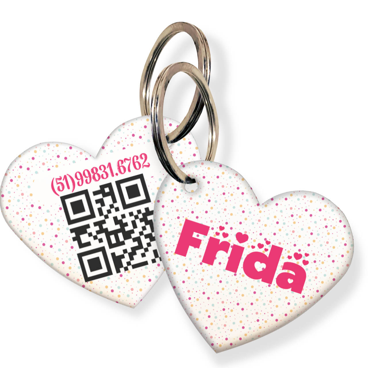Placa de Identificação com Telefone e QR Code - Formato Coração - Bolinhas - Rosa