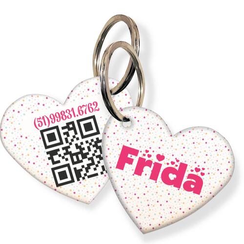 Placa de Identifica��o com Telefone e QR Code - Formato Cora��o - Bolinhas - Rosa