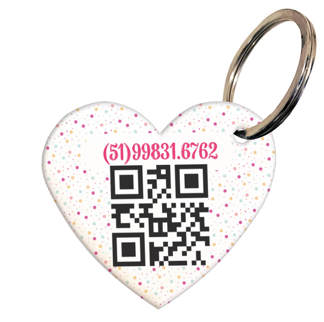 Placa de Identificação com Telefone e QR Code - Formato Coração - Bolinhas - Rosa