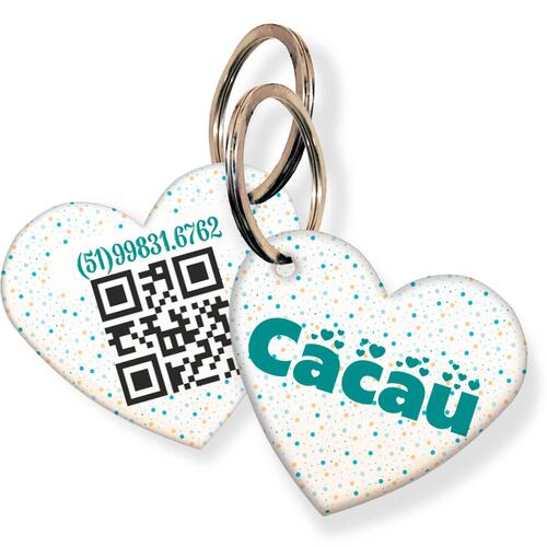 Placa de Identifica��o com Telefone e QR Code - Formato Cora��o - Bolinhas - Azul