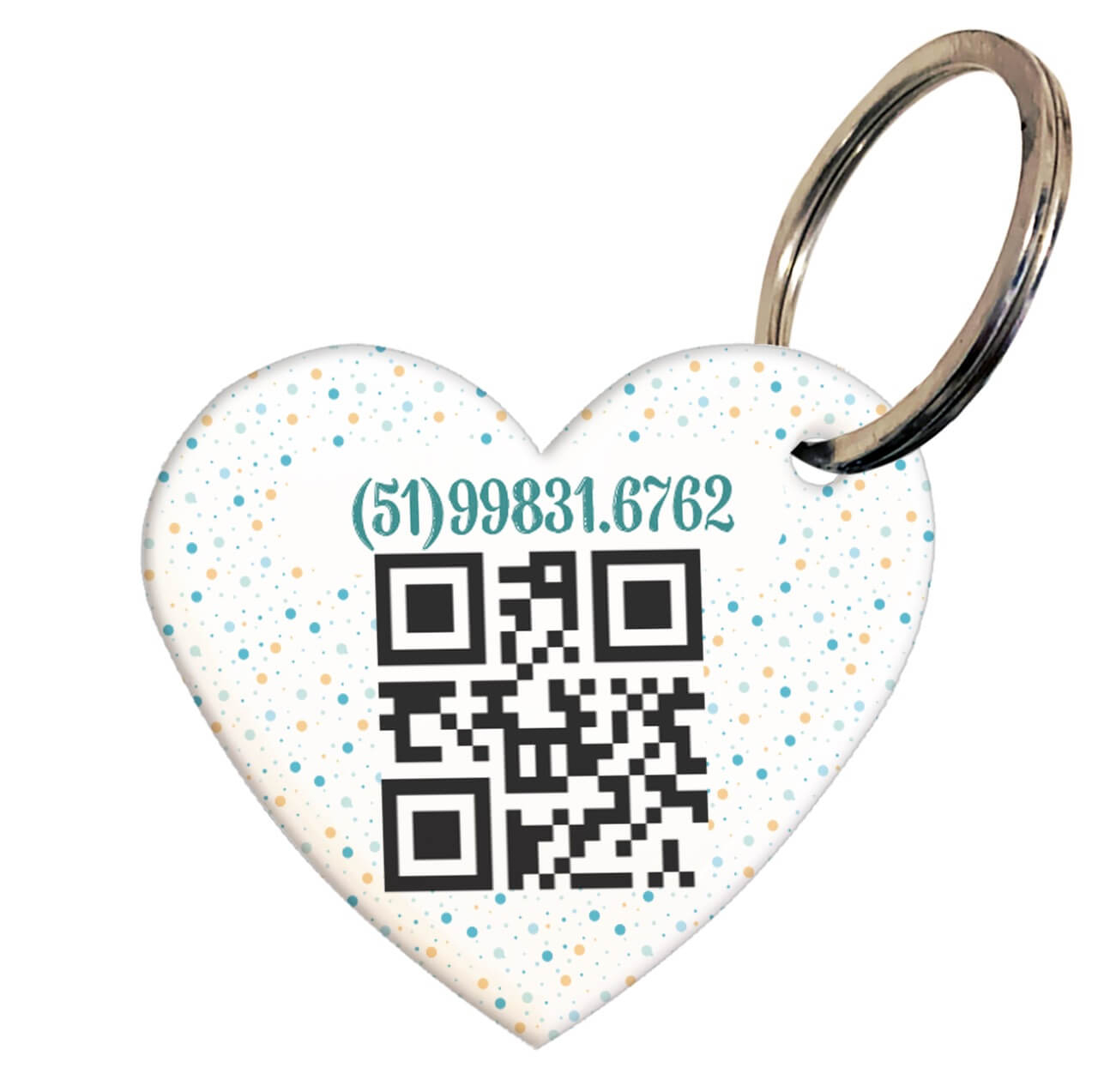 Placa de Identificação com Telefone e QR Code - Formato Coração - Bolinhas - Azul