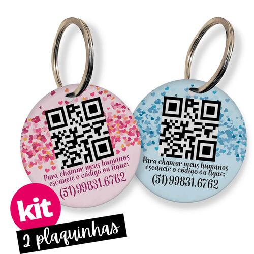 Kit 2 Placas de Identifica��o com QR Code e Telefone - Cora��es Rosas e/ou Azuis