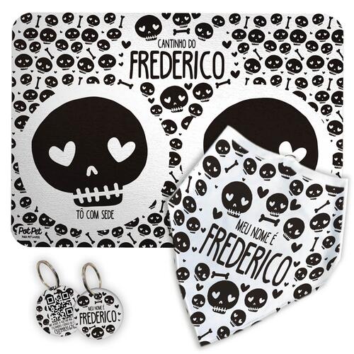 Kit Para o Pet Caveiras: Bandana + Plaquinha + Tapete para Refei��es