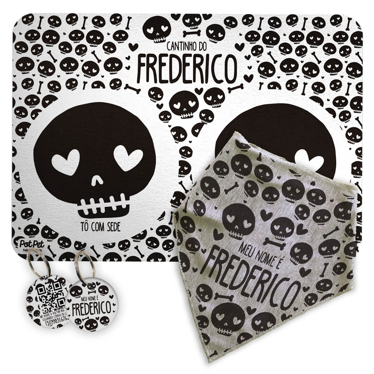 Kit Para o Pet Caveiras: Bandana + Plaquinha + Tapete para Refei��es