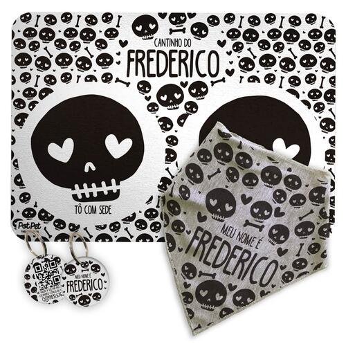 Kit Para o Pet Caveiras: Bandana + Plaquinha + Tapete para Refei��es