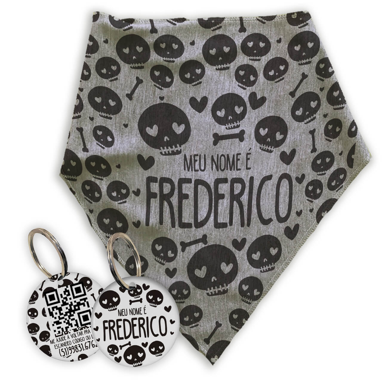 Kit Personalizado - Bandana + Plaquinha com QR Code - Caveiras