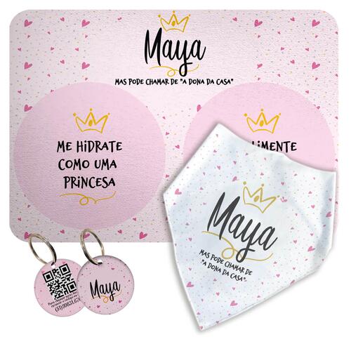 Kit Para o Pet Princesa: Bandana + Plaquinha + Tapete para Refei��es