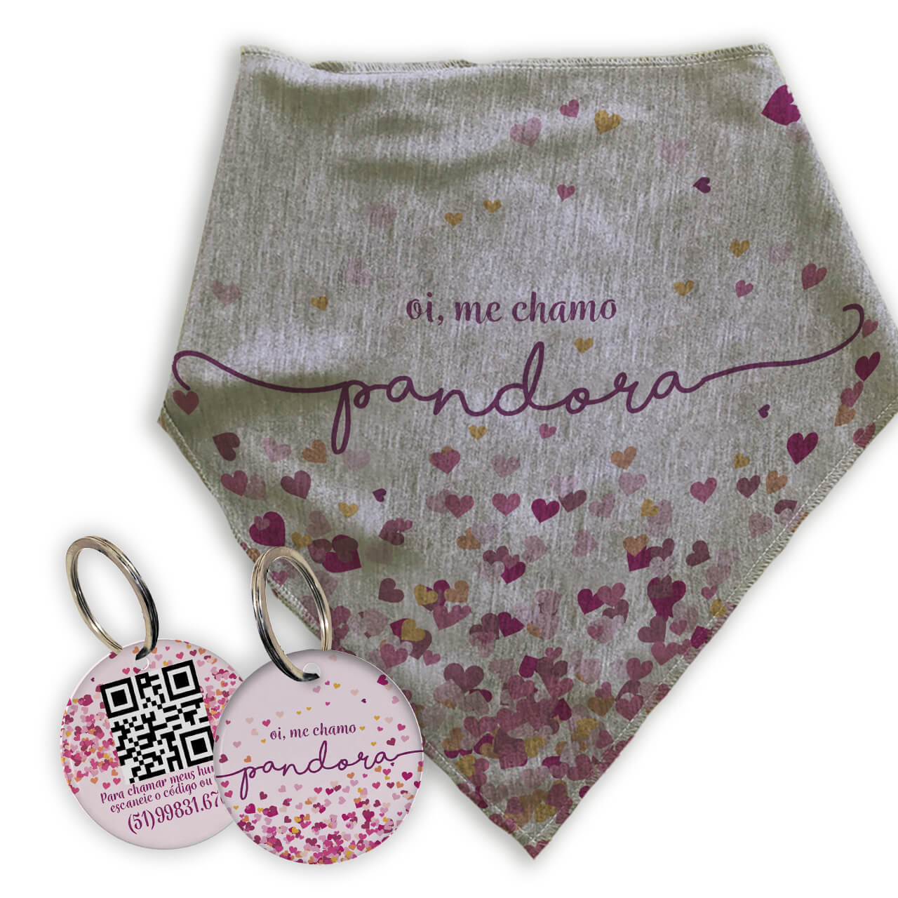 Kit Personalizado - Bandana + Plaquinha com QR Code - Corações Rosa