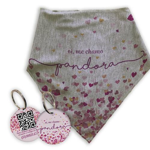 Kit Personalizado - Bandana + Plaquinha com QR Code - Cora��es Rosa