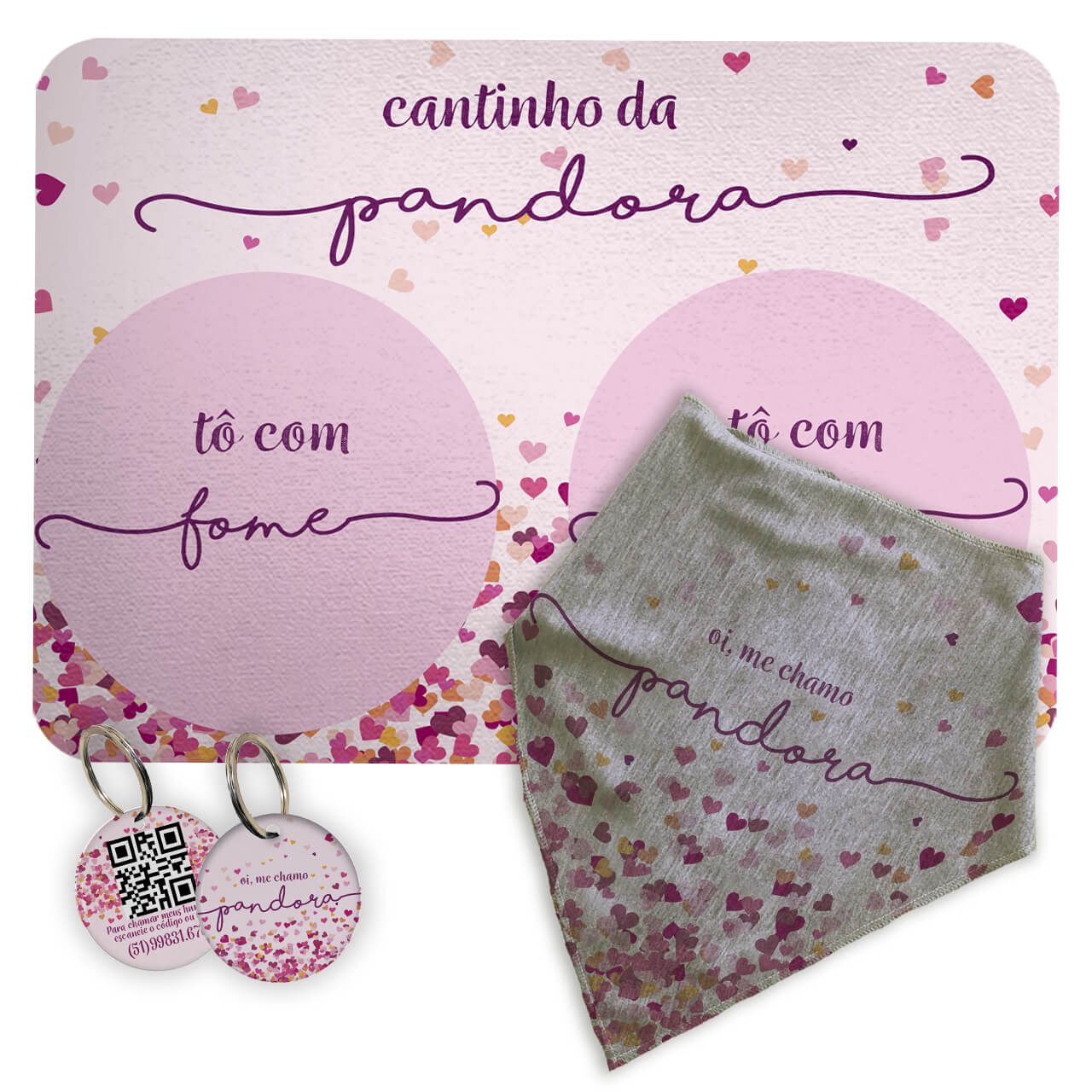 Kit Para o Pet Corações Rosas: Bandana + Plaquinha + Tapete para Refeições