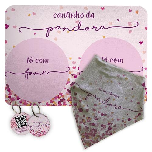 Kit Para o Pet Cora��es Rosas: Bandana + Plaquinha + Tapete para Refei��es