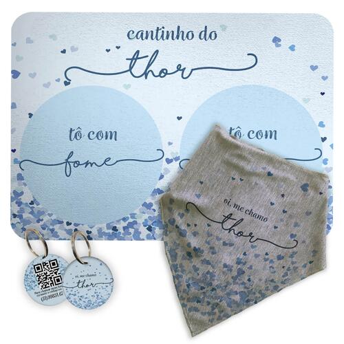 Kit Para o Pet Cora��es Azuis: Bandana + Plaquinha + Tapete para Refei��es