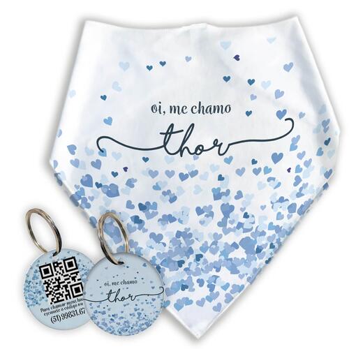 Kit Para o Pet Cora��es Azuis: Bandana + Plaquinha + Tapete para Refei��es