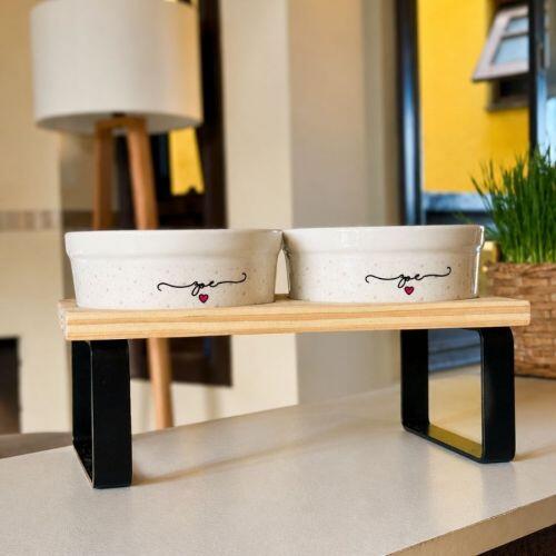 Kit Comedouro e Bebedouro de Cerâmica com Nome do Pet - Coleção Patinha