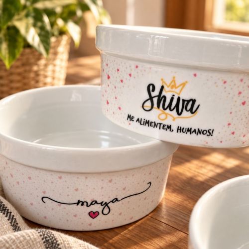 Kit Comedouro e Bebedouro de Cer�mica com Nome do Pet Pr�ncipe ou Princesa