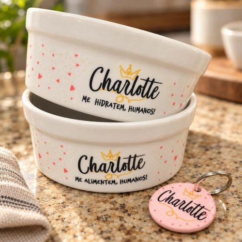 Kit Comedouro e Bebedouro Personalizados Com o Nome do Pet - Dupla de Tigelas de Cer�mica - Pr�ncipe ou Princesa
