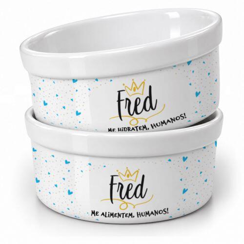 Kit Comedouro e Bebedouro Personalizados Com o Nome do Pet - Dupla de Tigelas de Cer�mica - Pr�ncipe ou Princesa