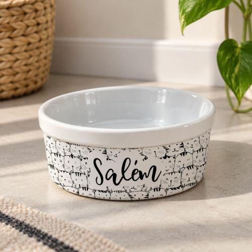 Kit Comedouro e Bebedouro de Cerâmica com Nome do Gato - Gataria
