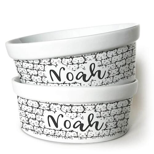 Kit com Comedouro e Bebedouro Personalizados Com o Nome do Pet - Dupla de Tigelas de Cer�mica para Gatos - Gataria