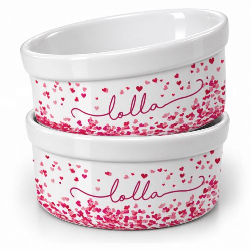 Kit Comedouro e Bebedouro de Cerâmica com Nome do Pet - Corações Azuis ou Rosas