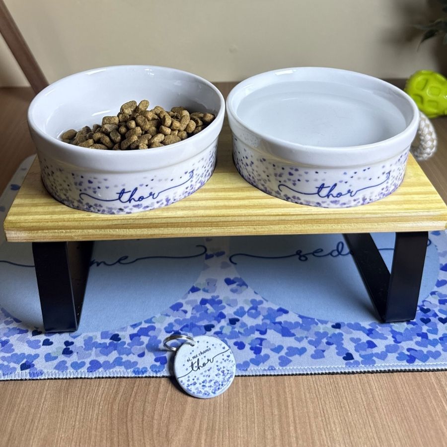 Kit Comedouro e Bebedouro de Cerâmica com Nome do Pet - Corações Azuis ou Rosas
