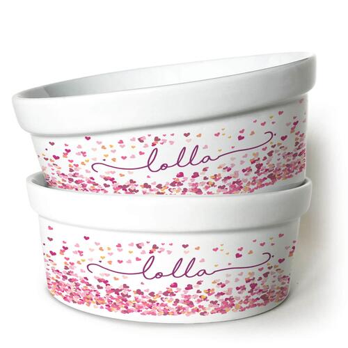 Kit Comedouro + Bebedouro de Cer�mica Personalizados Com o Nome do Pet - Cora��es Azuis ou Rosas