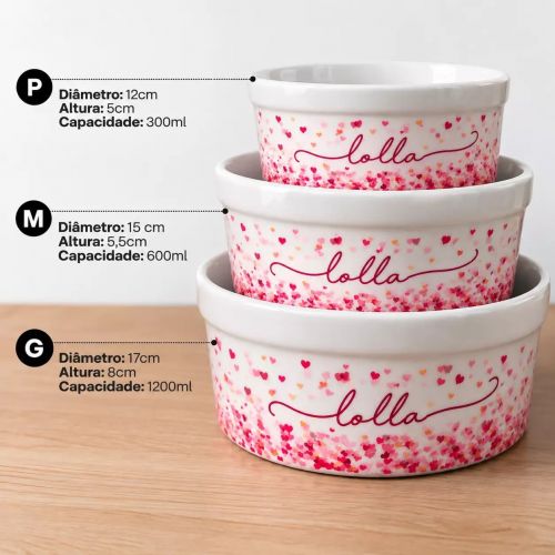 Kit Comedouro e Bebedouro de Cerâmica com Nome do Pet - Corações Azuis ou Rosas