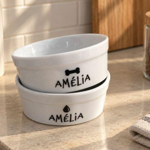 Kit Comedouro + Bebedouro Personalizados Com o Nome do Pet  -  Preto e Branco