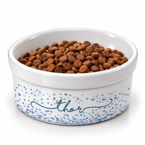 Comedouro/Bebedouro Personalizado Com o Nome do Pet - Tigela de Cer�mica para Pets - Cora��es Azuis