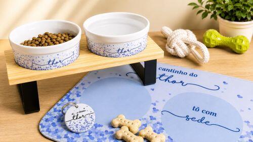 Comedouro/Bebedouro Personalizado Com o Nome do Pet - Tigela de Cer�mica para Pets - Cora��es Azuis