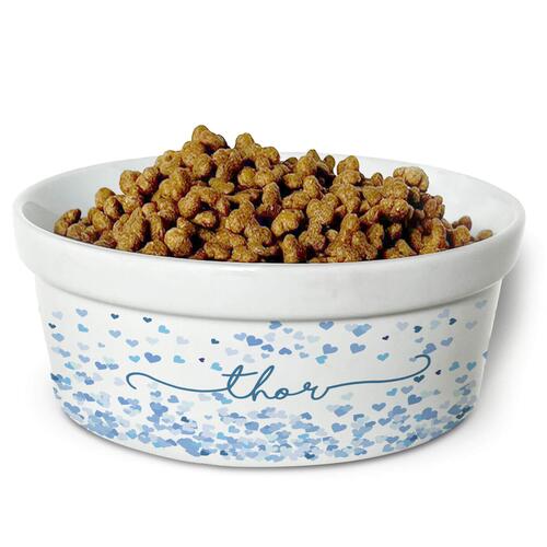 Comedouro/Bebedouro Personalizado Com o Nome do Pet - Tigela de Cer�mica para Pets - Cora��es Azuis