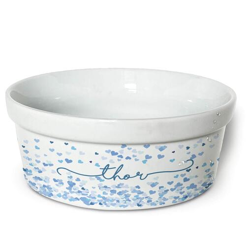 Comedouro/Bebedouro Personalizado Com o Nome do Pet - Tigela de Cer�mica para Pets - Cora��es Azuis