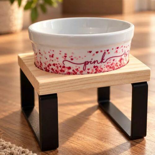 Comedouro ou Bebedouro de Cer�mica Personalizado - Cora��es Azuis ou Rosas